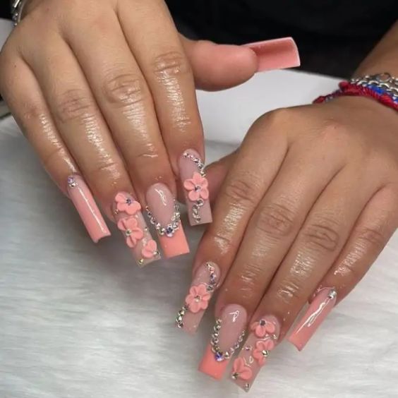 Peach 3D Flowers With Diamonds