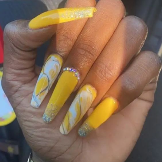 Sunshine Marble Nails With Diamonds